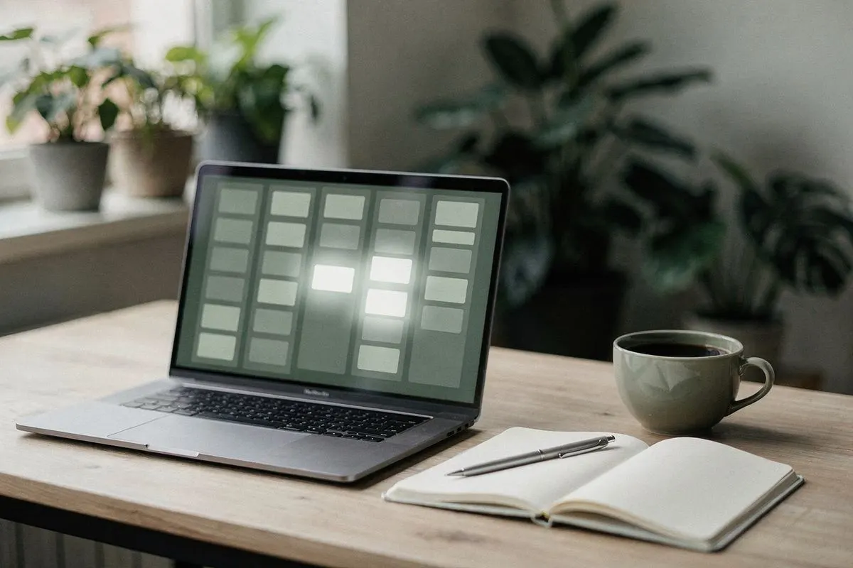 Illustratie: een laptop met een bord van kaarten die zelf van kolom wisselen