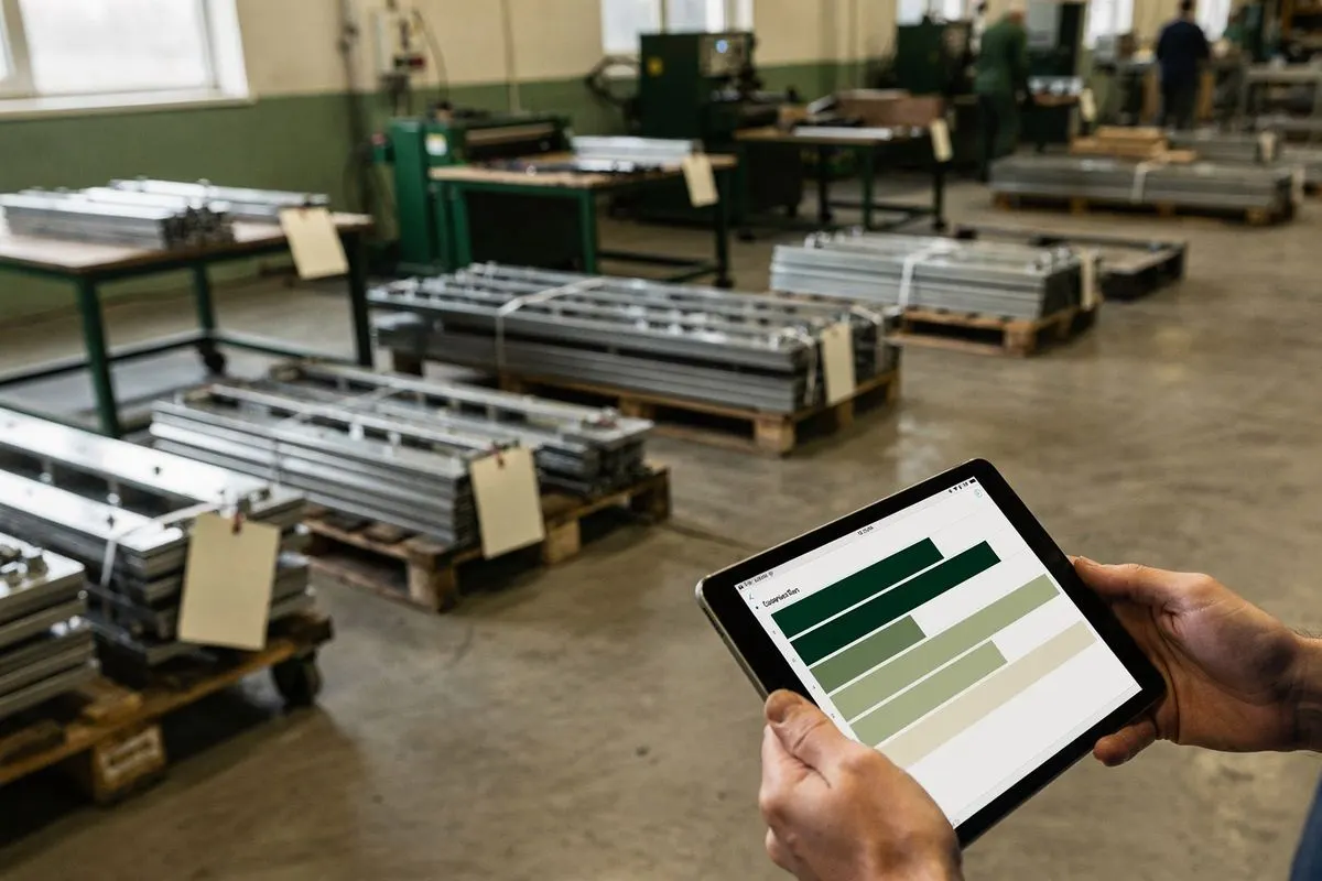 Illustratie: onderhanden werk op pallets met orderlabels en een tablet met een tijdlijn per order